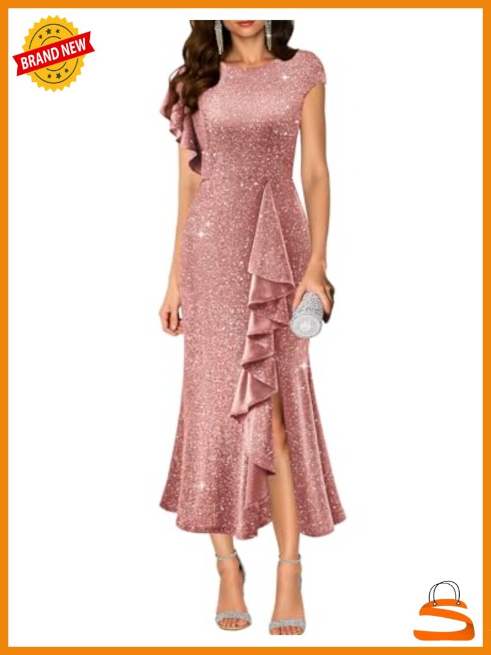 Sequin Formal Dress Bodycon Slit Asymmetric Sleeve Cocktail Party